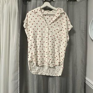 Just Living Cream Button-Front Hooded Shirt with Red Heart Print